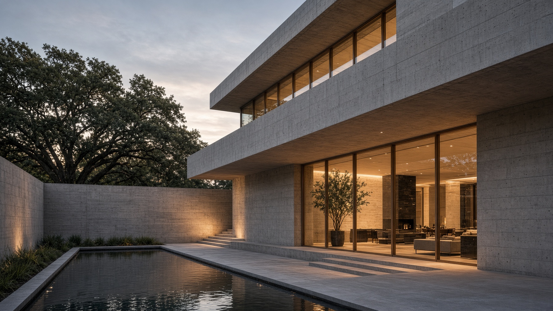Timber Ln at dusk — board-formed concrete and a linear pool