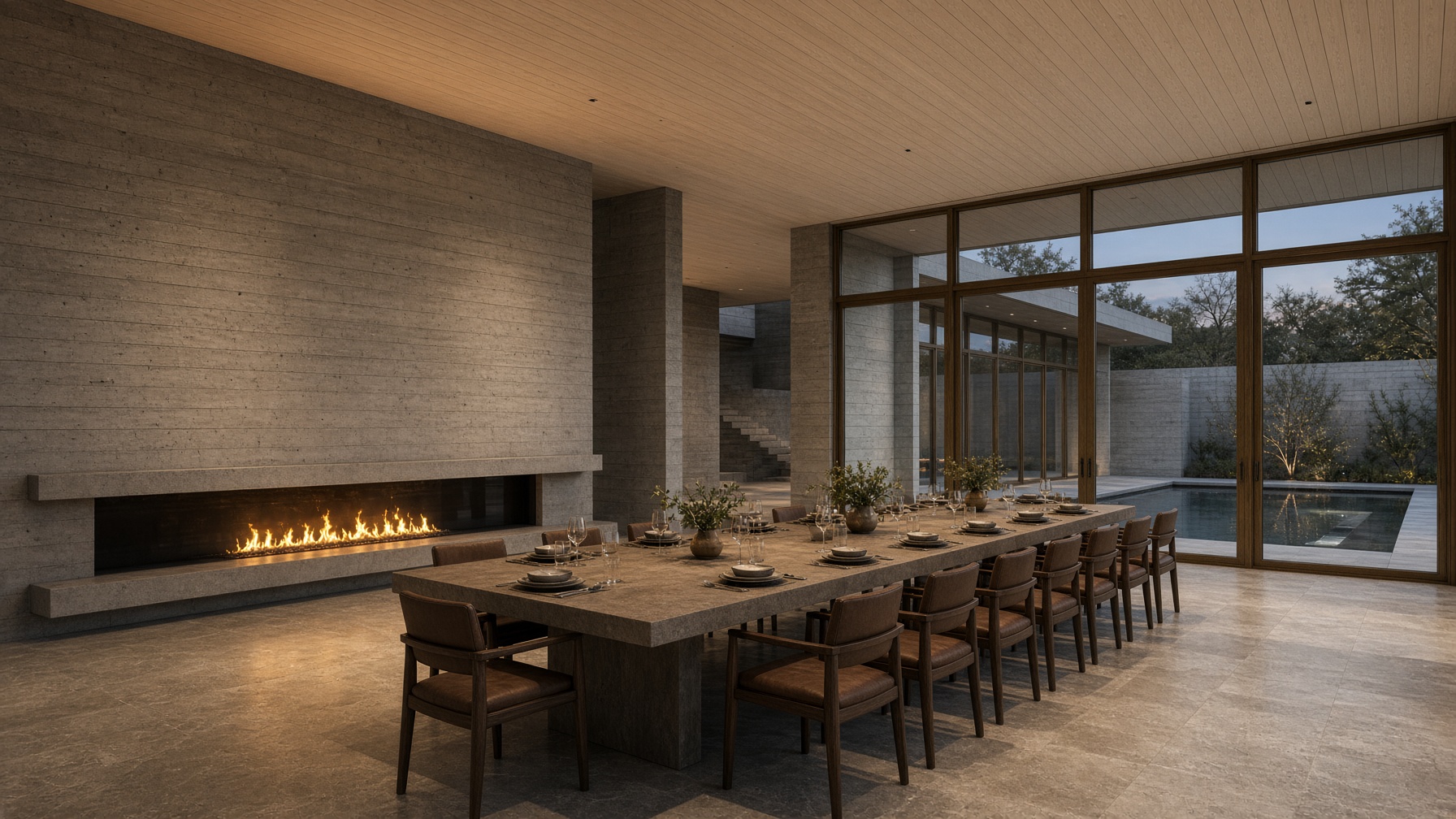 Dining hall opening through bronze glass to the court