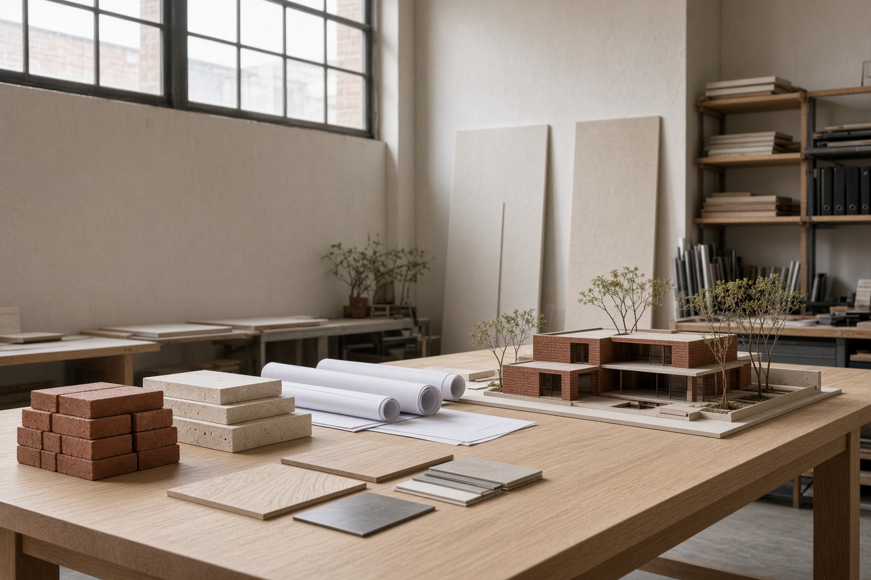 Monolith studio table with material samples and a house model